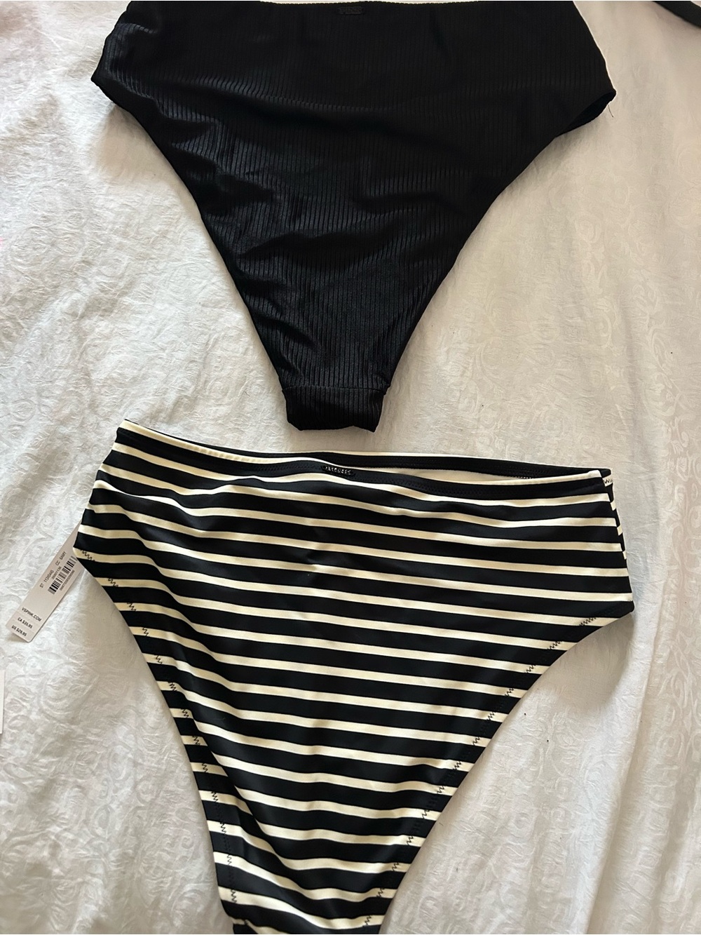 2 Medium PINK Victoria's Secret Black Ribbed & Black-White Striped Bikini Bottom